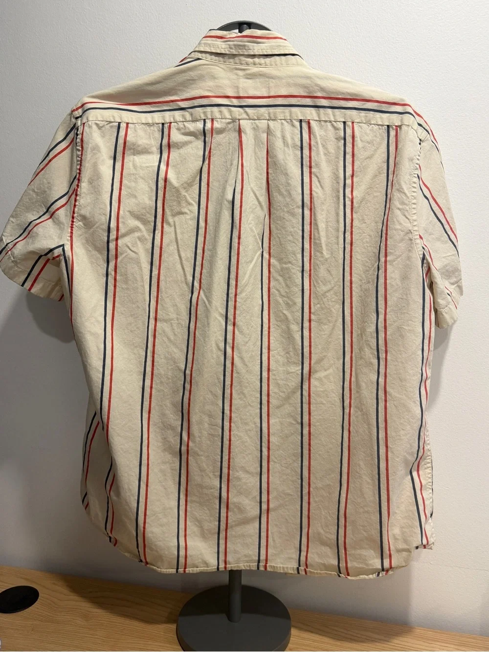 J. Crew Cream Short-Sleeve Button-Down Shirt with Red & Navy Stripes